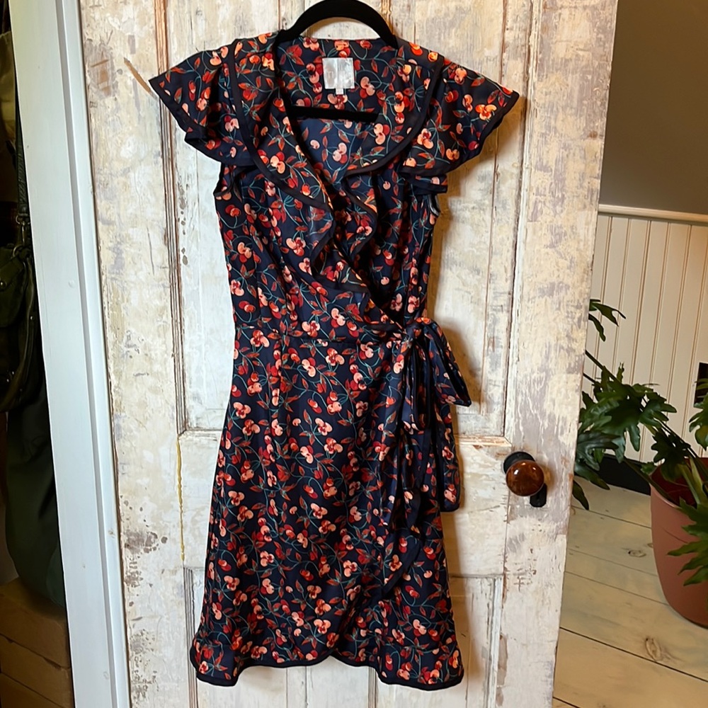 Silky Hi There by Karen Walker Cherry print ruffled wrap dress, Size 0, EUC